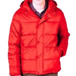 AMAZON ESSENTIALS Men's Red Heavyweight Hooded Quilted Puffer Jacket Coat XL NWT